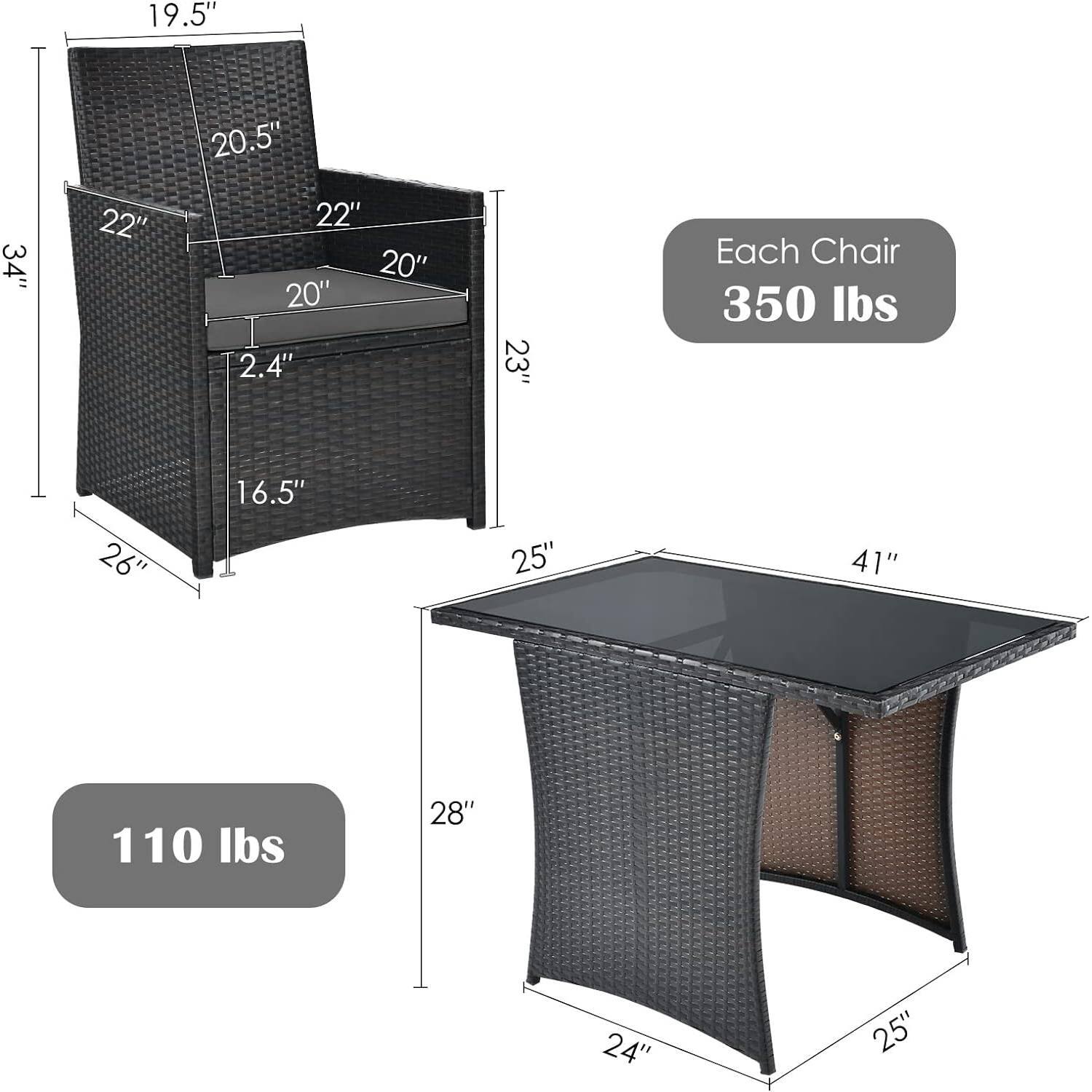 - 19.5"
- 20.5"
- 22"
- 22"
- 20"
- 20"
- 2.4"
- 23"
- 16.5"
- 26"
- 25"
- 41"
- 28"
- 24"
- 25"

Each Chair: 350 lbs

Table: 110 lbs