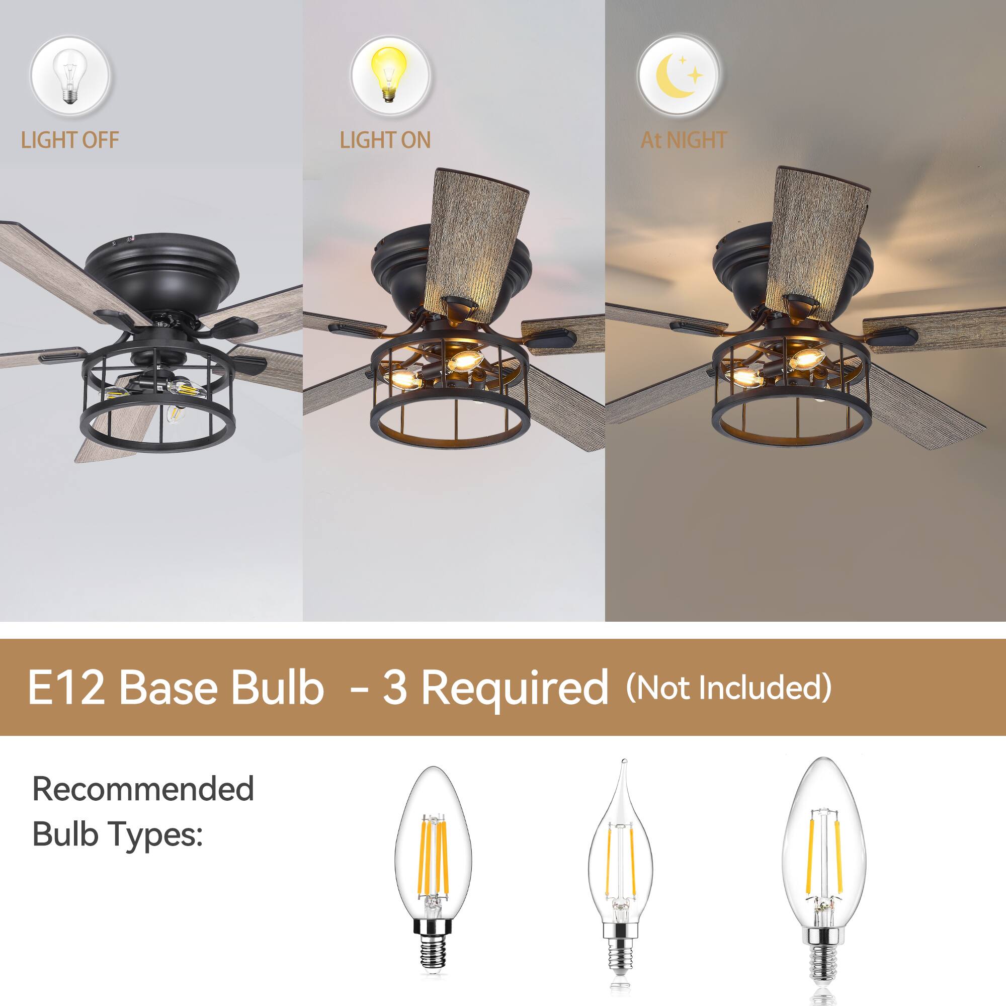 LIGHT OFF LIGHT ON At NIGHT
E12 Base Bulb - 3 Required (Not Included)
Recommended Bulb Types: