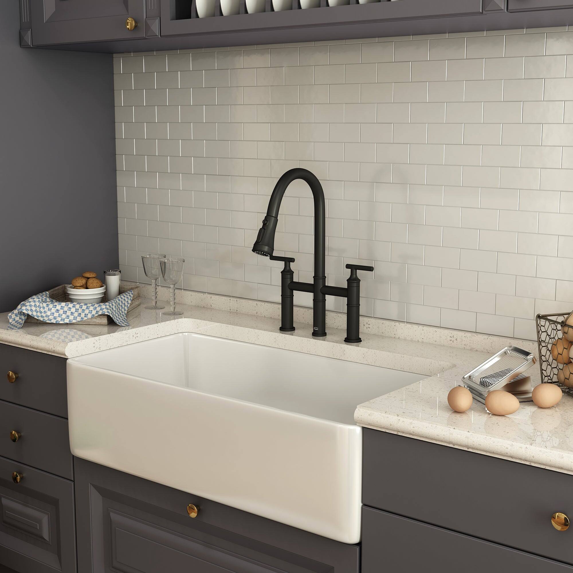 Alt View 3. Boyel Living - Double Handle Bridge Pull-Down Kitchen Faucet with 3-Spray Patterns and 360 Degrees Rotation Spout - Matte Black.