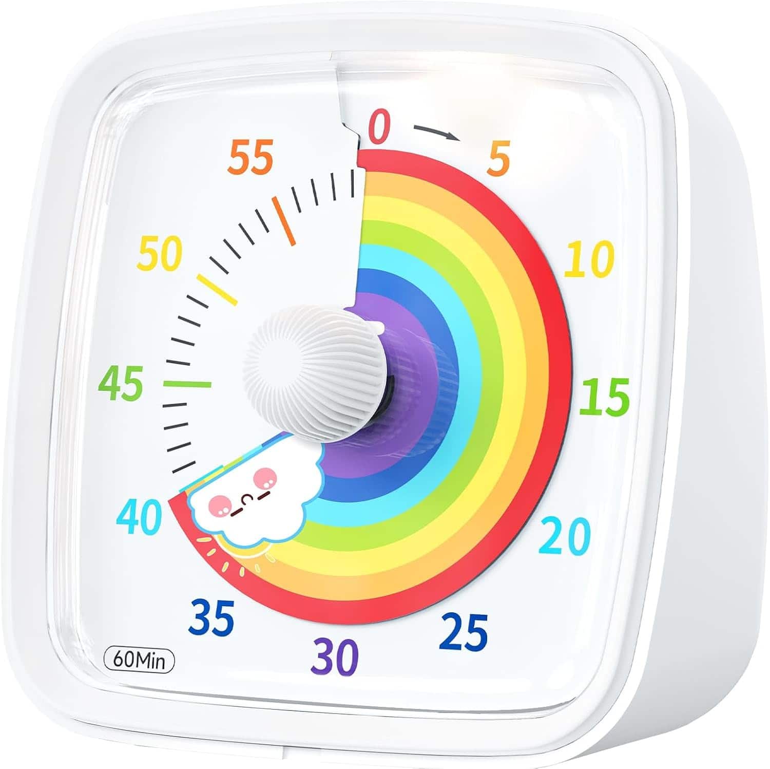 Auledio - 60-Min Visual Timer with Night Light – Silent Rainbow Countdown Clock for Kids & Adults, 60-Min Dial Timer - White