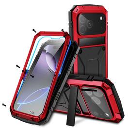 Dteck - For iPhone 17 Pro Max Case Outdoor Sports Kickstand Rugged Heavy Duty Full Body Cover with Built in Screen Protector - Red
