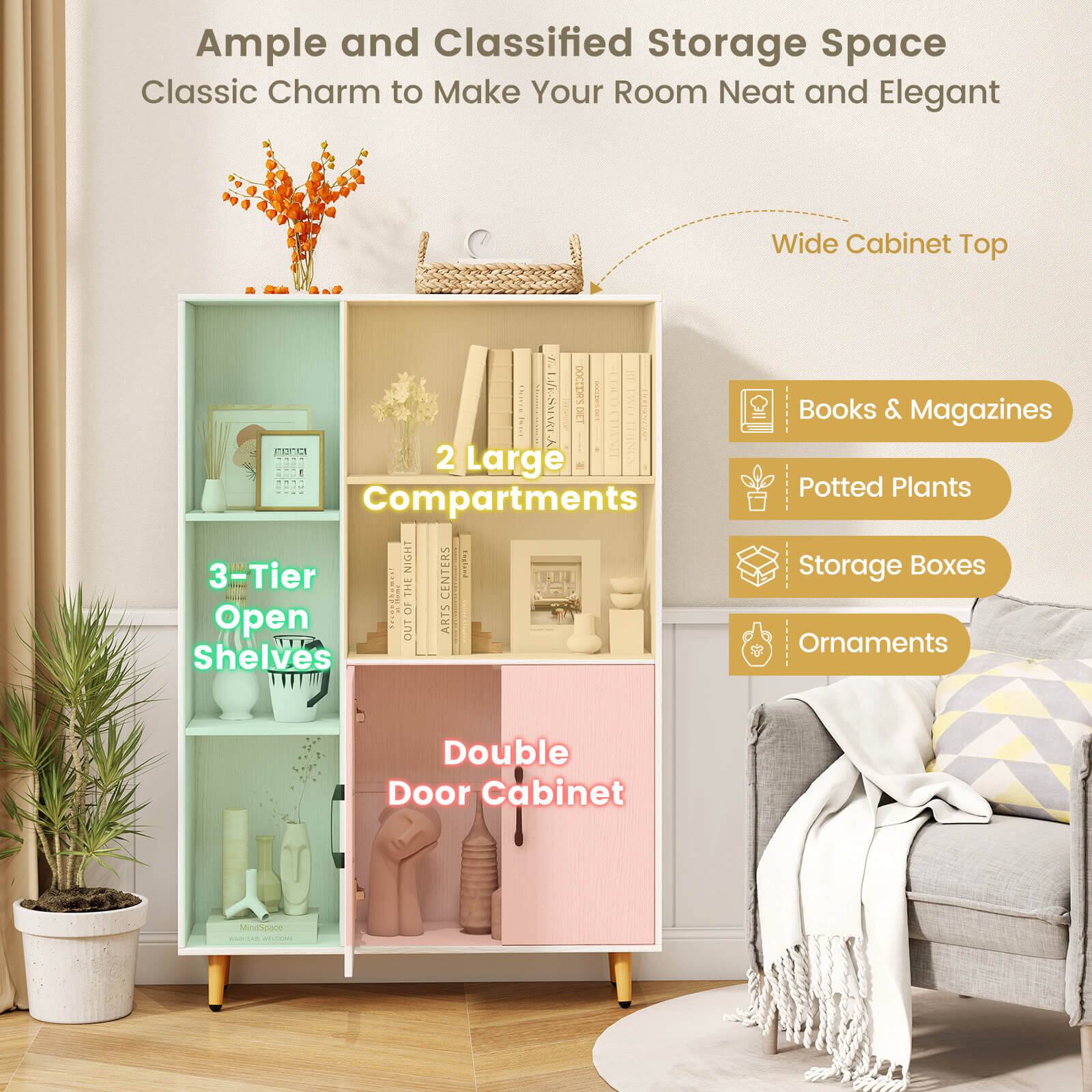 Ample and Classified Storage Space  
Classic Charm to Make Your Room Neat and Elegant  

Wide Cabinet Top  

2 Large Compartments  

3-Tier Open Shelves  

Double Door Cabinet  

Books & Magazines  
Potted Plants  
Storage Boxes  
Ornaments