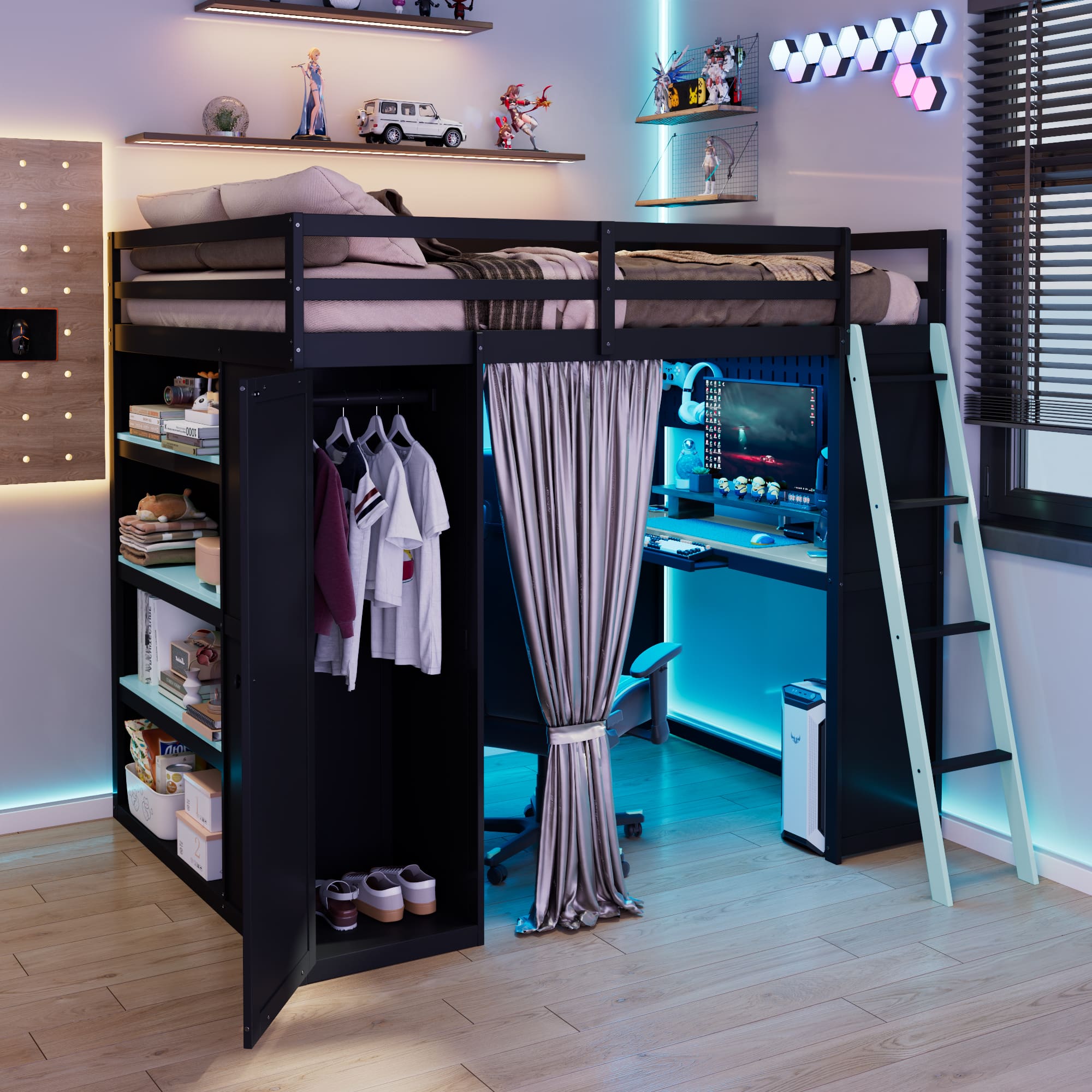 Anysun - Full Size Wood Loft Bed with,Wardrobe,Shelves,Blackout Curtains,and RGB Lights - Blue