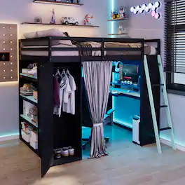 Anysun - Full Size Wood Loft Bed with,Wardrobe,Shelves,Blackout Curtains,and RGB Lights - Blue