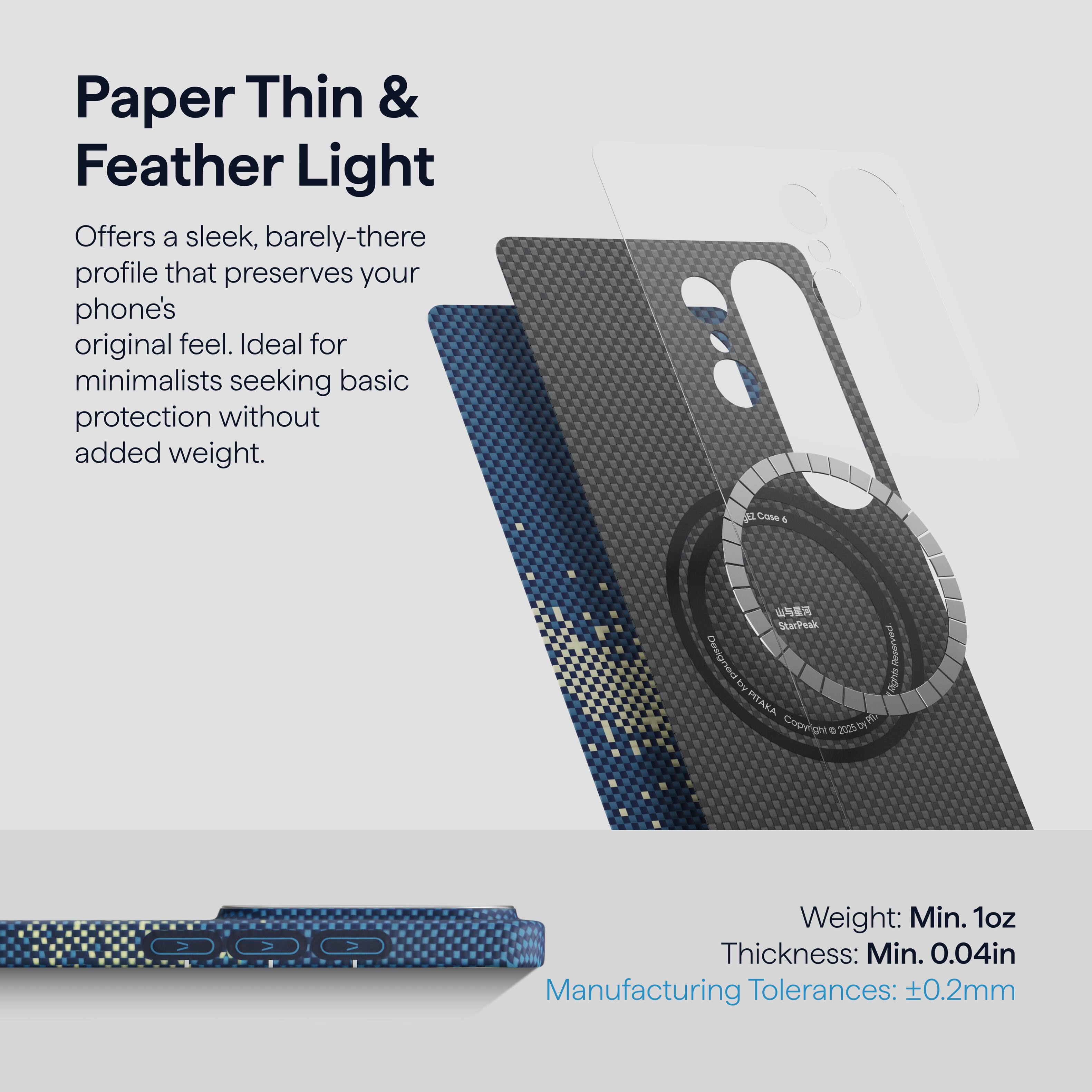 Paper Thin & Feather Light

Offers a sleek, barely-there profile that preserves your phone's original feel. Ideal for minimalists seeking basic protection without added weight.

Weight: Min. 1oz  
Thickness: Min. 0.04in  
Manufacturing Tolerances: ±0.2mm