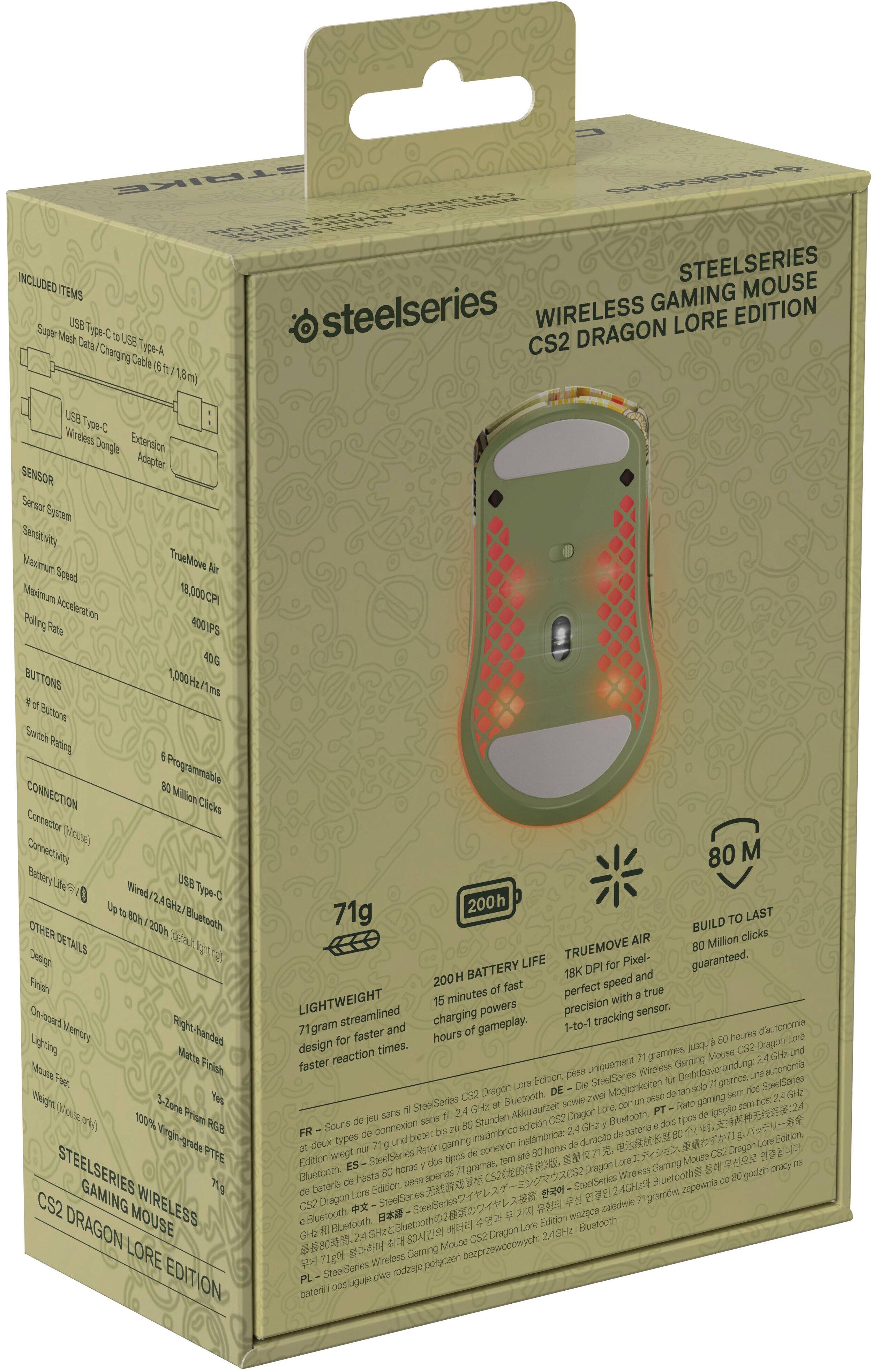 The image features a box containing a wireless gaming mouse by SteelSeries. The mouse is designed with a unique dragon design and has a 18,000 CPI sensor, which provides high precision and accuracy. The box also includes a USB wired dongle, a charging cable, and a wireless dongle extension. The gaming mouse is designed for right-handed use and has a matte finish. The packaging details the product's features, such as the TrueMove pixel-perfect sensor, which guarantees a 1-to-1 tracking accuracy, and a battery life of 200 hours. The mouse is lightweight and streamlined, making it ideal for extended gaming sessions.