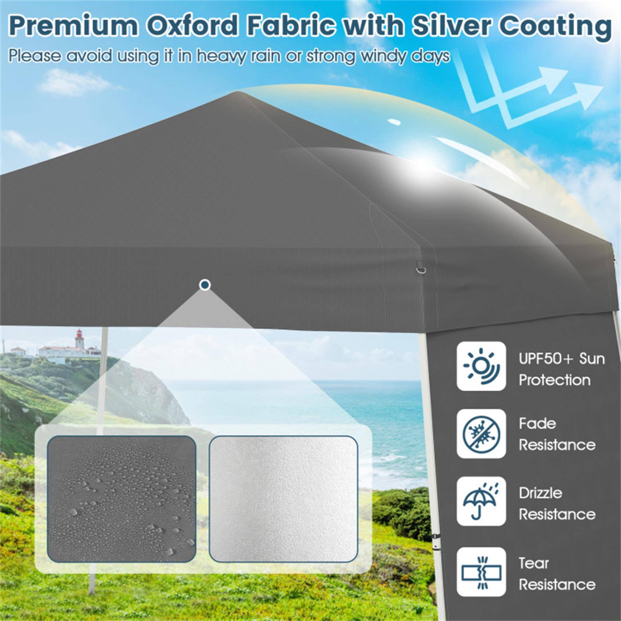 Premium Oxford Fabric with Silver Coating  
Please avoid using it in heavy rain or strong windy days  

- UPF50+ Sun Protection  
- Fade Resistance  
- Drizzle Resistance  
- Tear Resistance