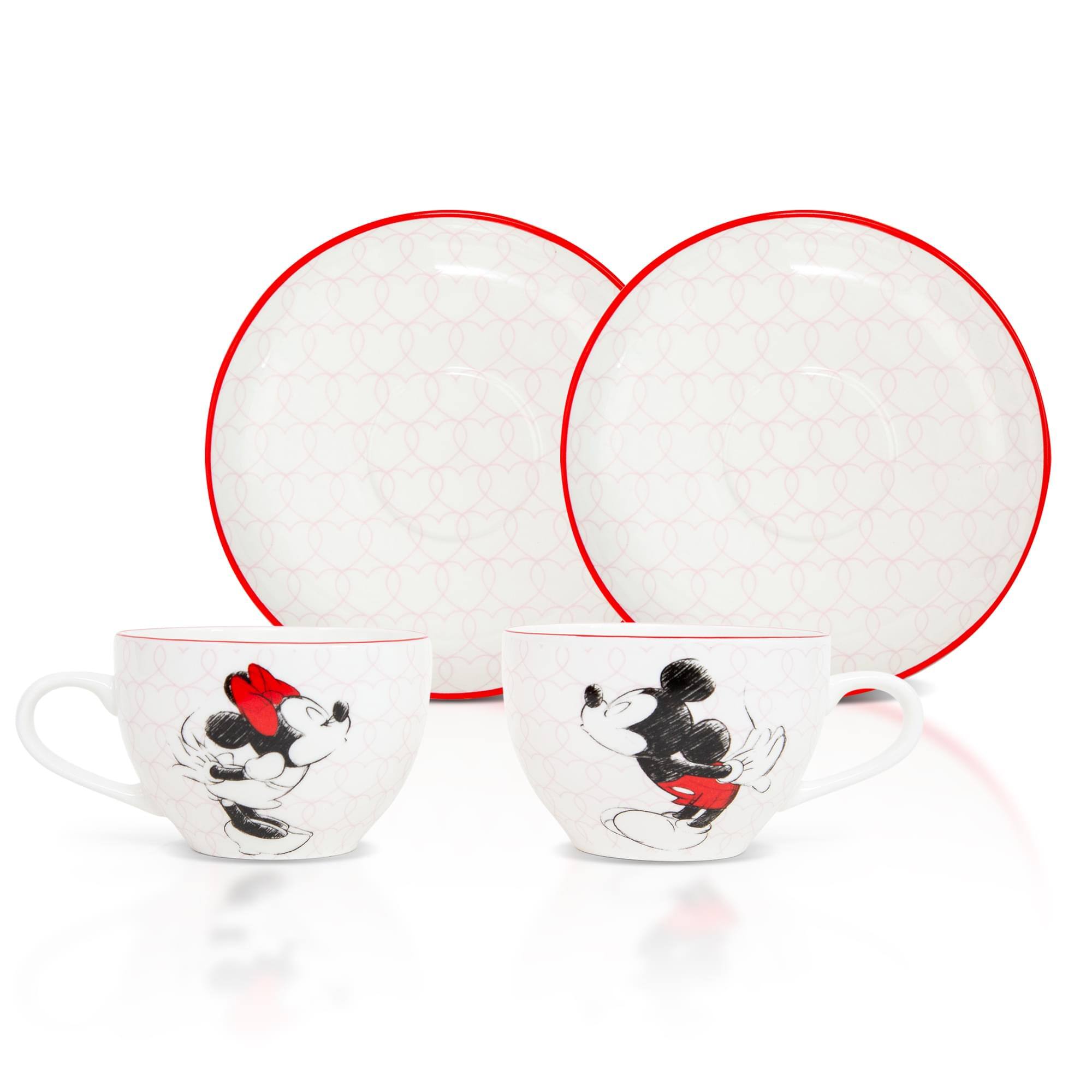 Front. Silver Buffalo - Disney Mickey and Minnie Bone China Teacup and Saucer | Set of 2 - Red.