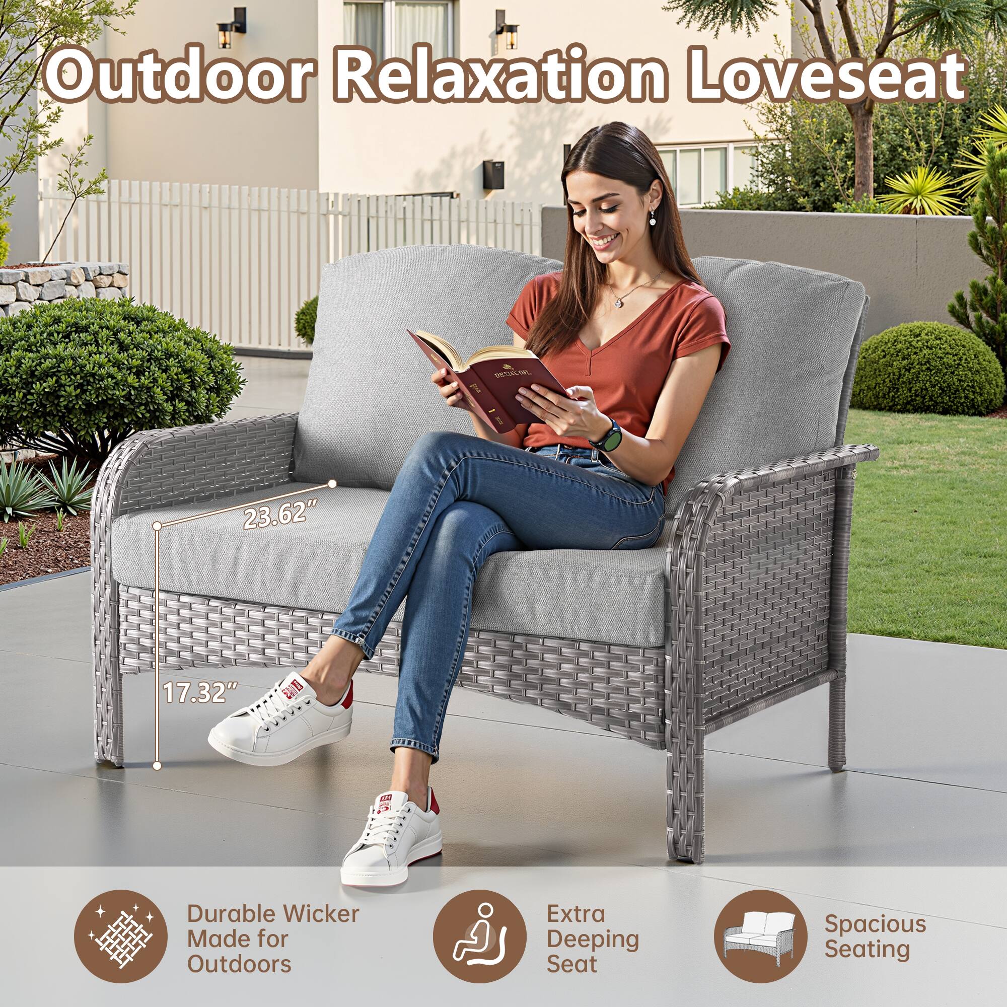 Outdoor Relaxation Loveseat

- Durable Wicker Made for Outdoors
- Extra Deeping Seat
- Spacious Seating

Dimensions:
- 23.62"
- 17.32"