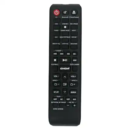 Sure, here is the corrected and grouped text from the image:
**Top Section:**
- Bluetooth
- TV SoundConnect
- REC
- REC SPEED
- CD
- USB
- USB
- TUNER
- TUNING MODE
- MO/ST
- AUX
- NON-STOP RELAY
- DISPLAY
- PRESET EQ
- USER EQ
- MEMORY
- FOOTBALL
- AUTO CHANGE
- GIGA
**Middle Section:**
- VOL-
- EFFECT-
- MY LIST
- TIMER
- ON/OFF
- SET
- SLEEP
- DELETE
- BEAT WAVING
- MY KARAOKE
- MIC VOL-
- VOL+
- EFFECT+
- SEARCH
- MIC VOL+
**Bottom Section:**
- AH59-026948