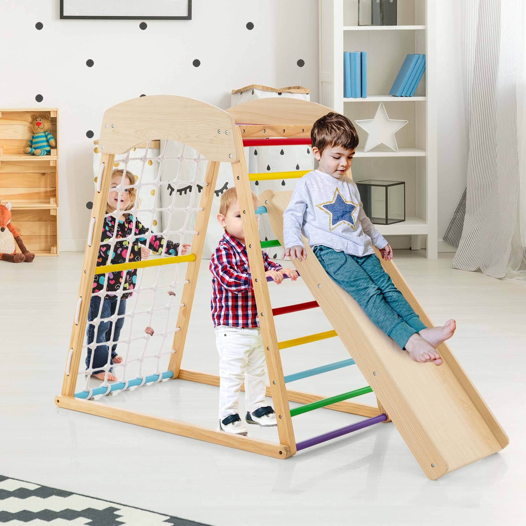 Alt View 3. Costway - Costway 6-in-1 Wood Jungle Gym Montessori Climbing Play Set with Double-sided Ramp - Colorful.