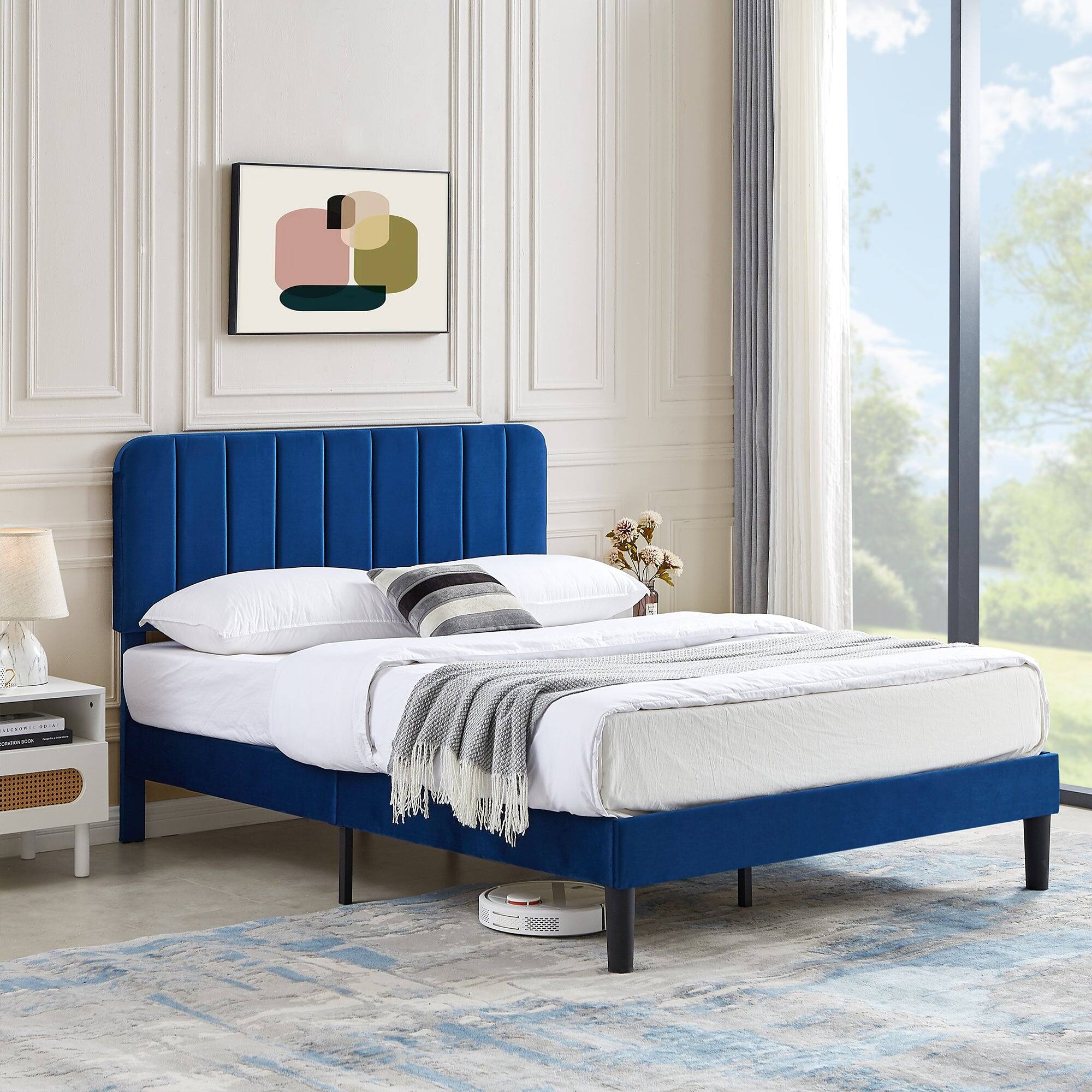 Alt View 5. Vecelo - Queen Bed Frame w/ Padded Headboard & Platform, Reinforced Wood Slats - No Box Spring, Velvet Dark Blue - Easy Assembly - Dark Blue.
