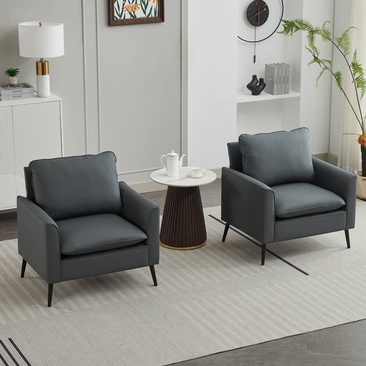 Ropilly Light Gray Faux Leather Accent Chair Set, Modern Nordic Retro ...