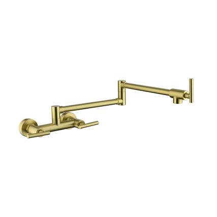 Front. Siljoy - Pot Filler Faucets Both Hot Cold Water Wall Kitchen Folding Commercial Sink Faucets 3 Handles 2 Holes Joint Swing Arm - Brushed Gold.