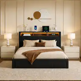 LUCKY ONE - Full Size Upholstered Bed Frame with Drawers,LED and USB Charging - Black
