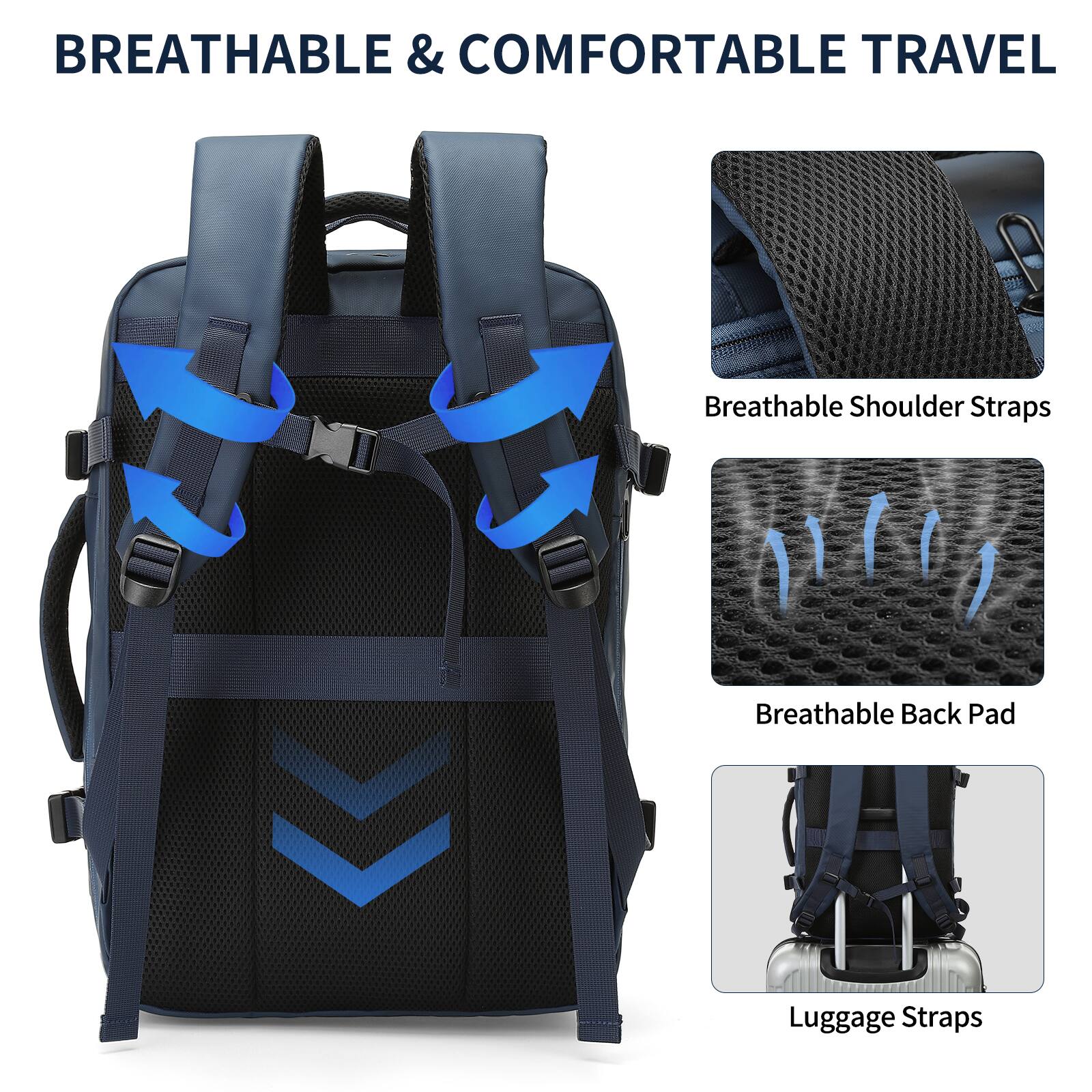 BREATHABLE & COMFORTABLE TRAVEL

- Breathable Shoulder Straps
- Breathable Back Pad
- Luggage Straps