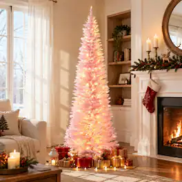 RYHNUYNE - 7 Ft Slim Noble Fir Artificial Christmas Tree With 200 Warm White LED Lights, 499 Tips Metal Stand Decor - Pink