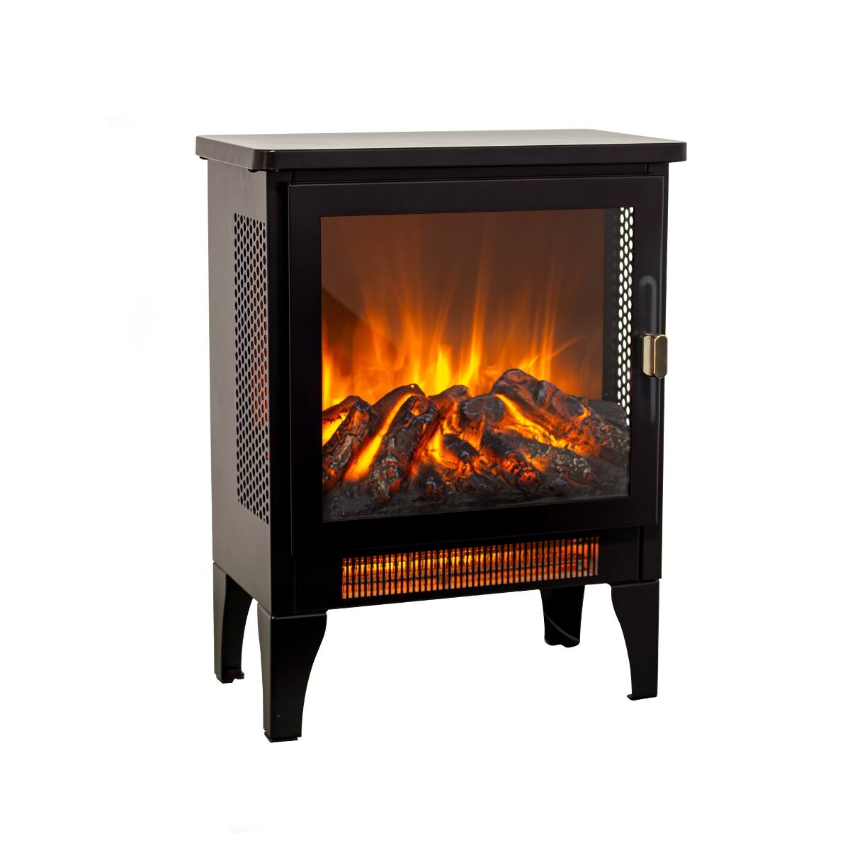 Left. Loheer - Loheer 18 inch freestanding electric fireplace with realistic 3D flame effect, Antique Black - Antique Black.