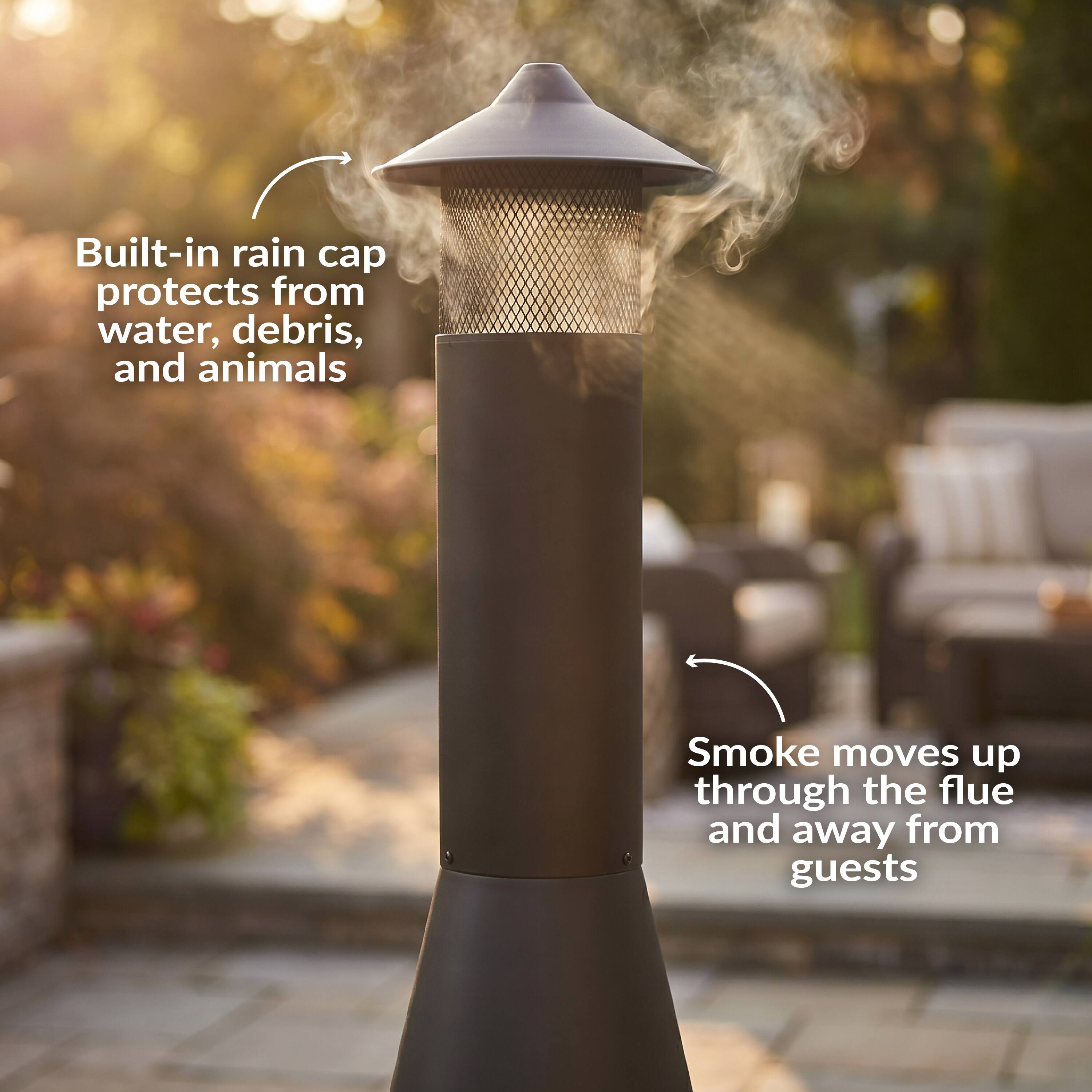 Built-in rain cap protects from water, debris, and animals. Smoke moves up through the flue and away from guests.