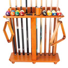 GSE Games & Sports Expert - Wood 10 Floor Stand Pool Cue Rack Only Holds Full Balls Set, Ball Racks, Drink Holders - Oak