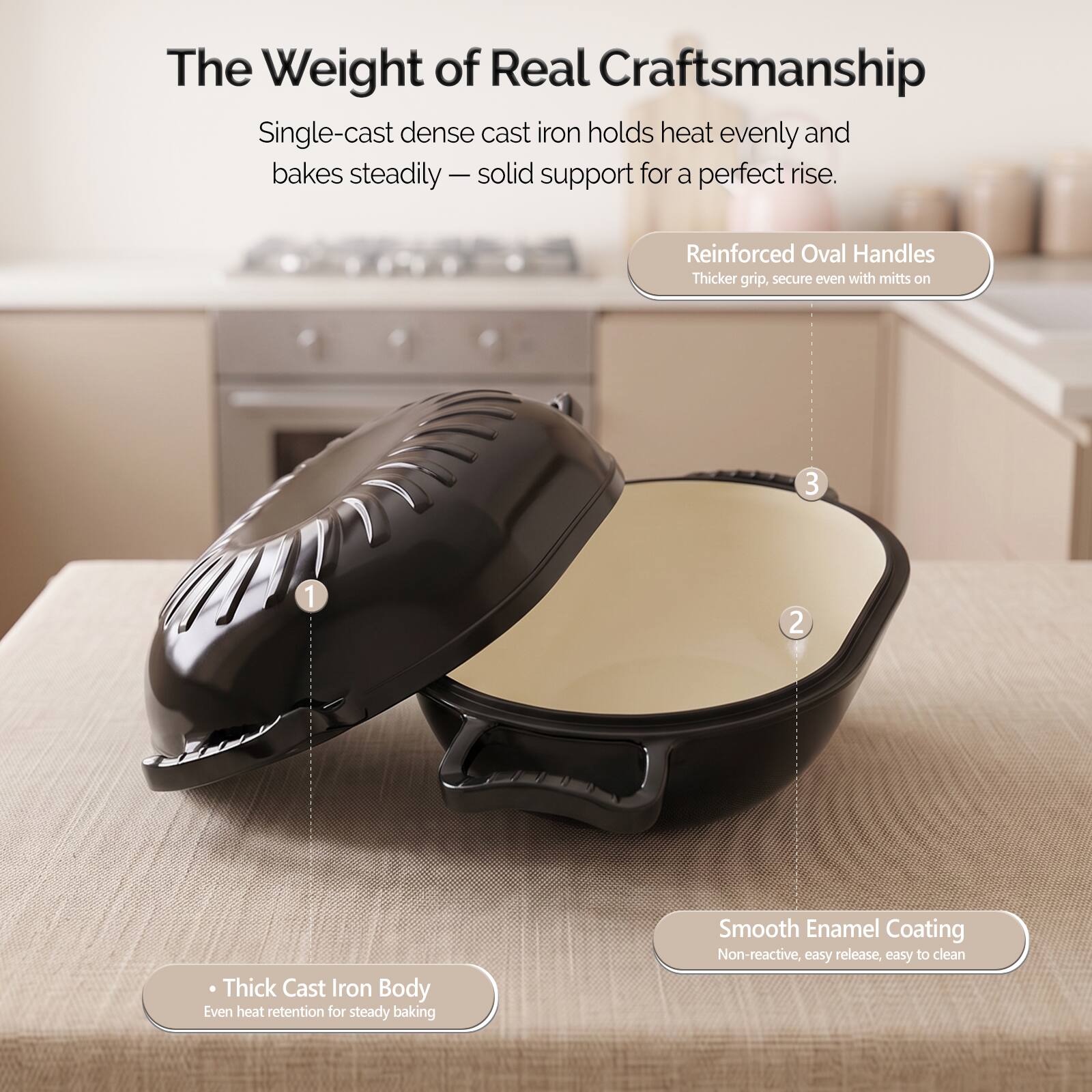 The Weight of Real Craftsmanship  
Single-cast dense cast iron holds heat evenly and bakes steadily — solid support for a perfect rise.  

1. Thick Cast Iron Body  
Even heat retention for steady baking  

2. Smooth Enamel Coating  
Non-reactive, easy release, easy to clean  

3. Reinforced Oval Handles  
Thicker grip, secure even with mitts on