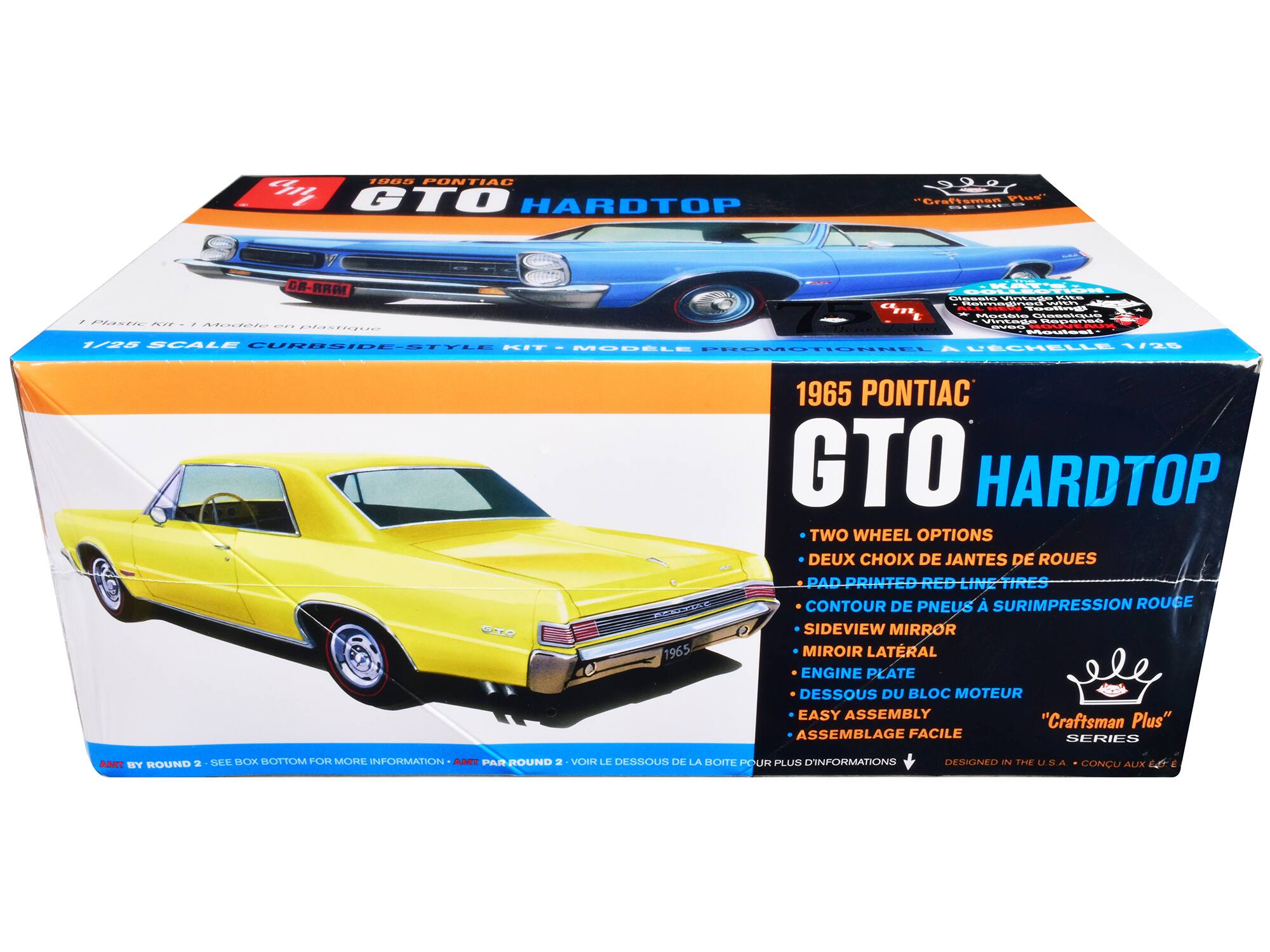 100D PONTIAC GTO HARDTOP  
Craftsman Plus  
1/25 SCALE CURBSIDE-STYLE KIT - MODÈLE PROMOTIONNEL  
1965 PONTIAC GTO HARDTOP  
TWO WHEEL OPTIONS - DEUX CHOIX DE JANTES DE ROUES  
PAD PRINTED RED LINE TIRES - CONTOUR DE PNEUS À SURIMPRESSION ROUGE  
SIDEVIEW MIRROR - MIRROIR LATÉRAL  
ENGINE PLATE - DESSOUS DU BLOC MOTEUR  
EASY ASSEMBLY - ASSEMBLAGE FACILE  
"Craftsman Plus" SERIES  
AMT BY ROUND 2 - SEE BOX BOTTOM FOR MORE INFORMATION - AMT PAR ROUND 2 - VOIR LE DESSOUS DE LA BOÎTE POUR PLUS D'INFORMATIONS  
DESIGNED IN THE U.S.A. - CONÇU AUX ÉTATS-UNIS
