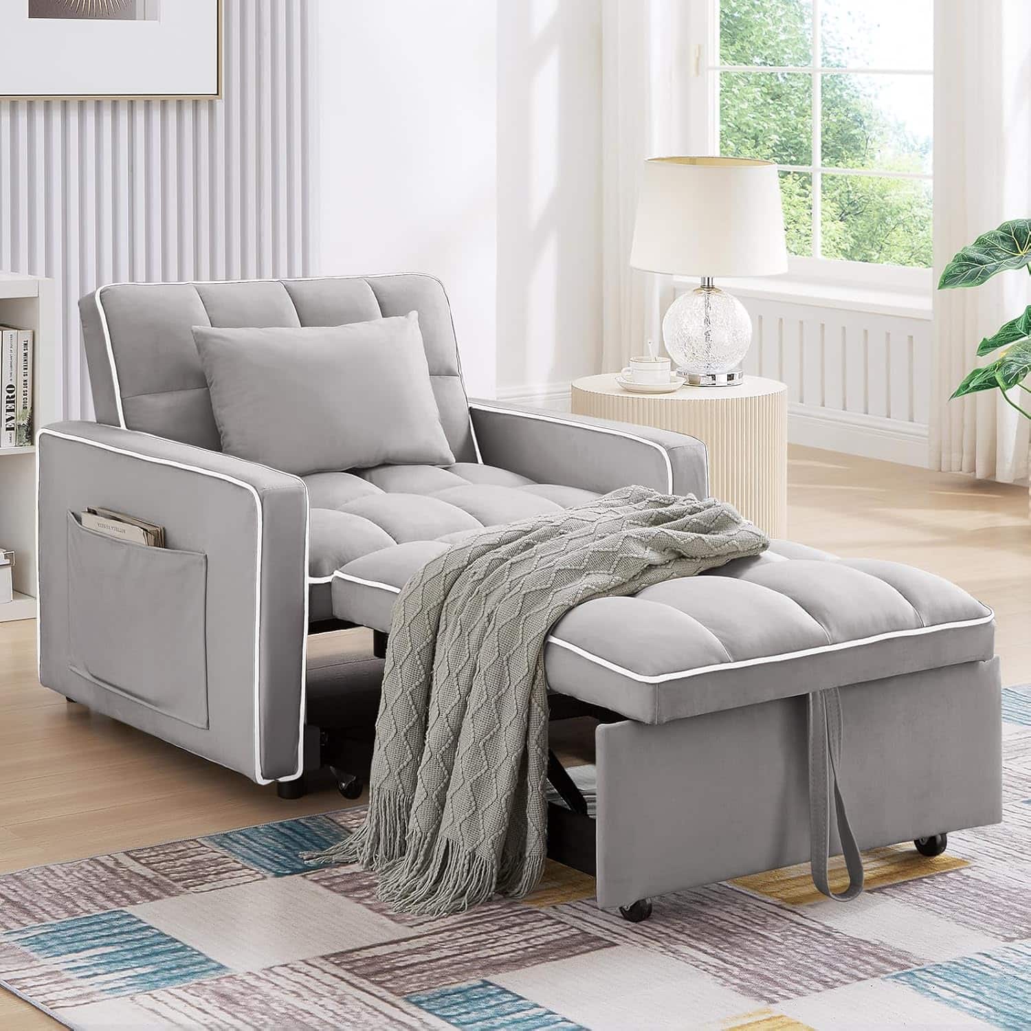 Front. Trinkets Crazed - Convertible Sleeper Chair Bed 3 in 1 Modern Velvet Pull Out Sofa Bed - Gray.