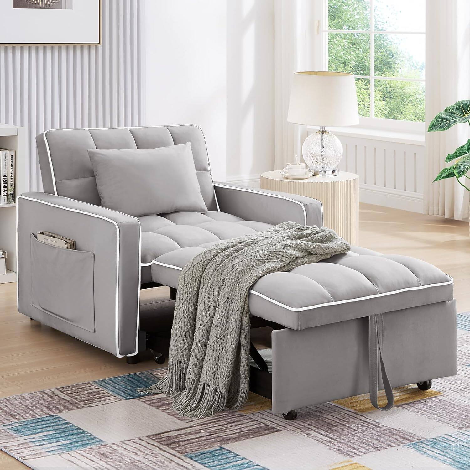 Trinkets Crazed - Convertible Sleeper Chair Bed 3 in 1 Modern Velvet Pull Out Sofa Bed - Gray