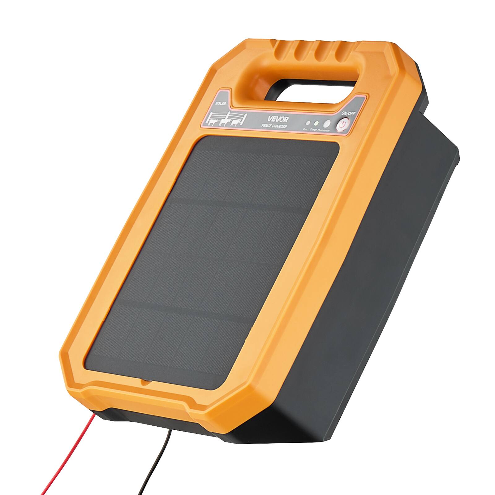 The text on the image reads:

"VEVOR  
FENCE CHARGER  
ON/OFF  
SOLAR"