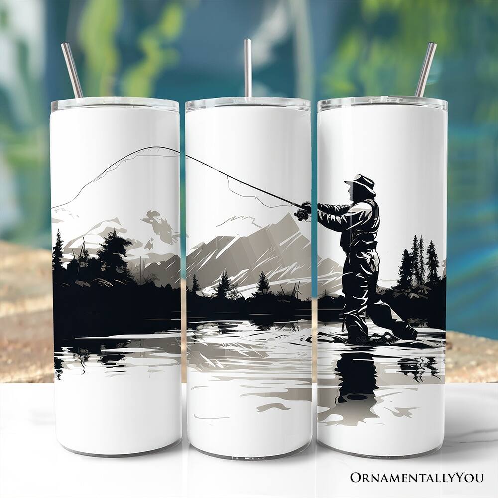 Left. OrnamentallyYou - Fly Fishing Mountain Lake Scene 20oz Tumbler With Lid and Stainless Steel Straw - Multicolored.