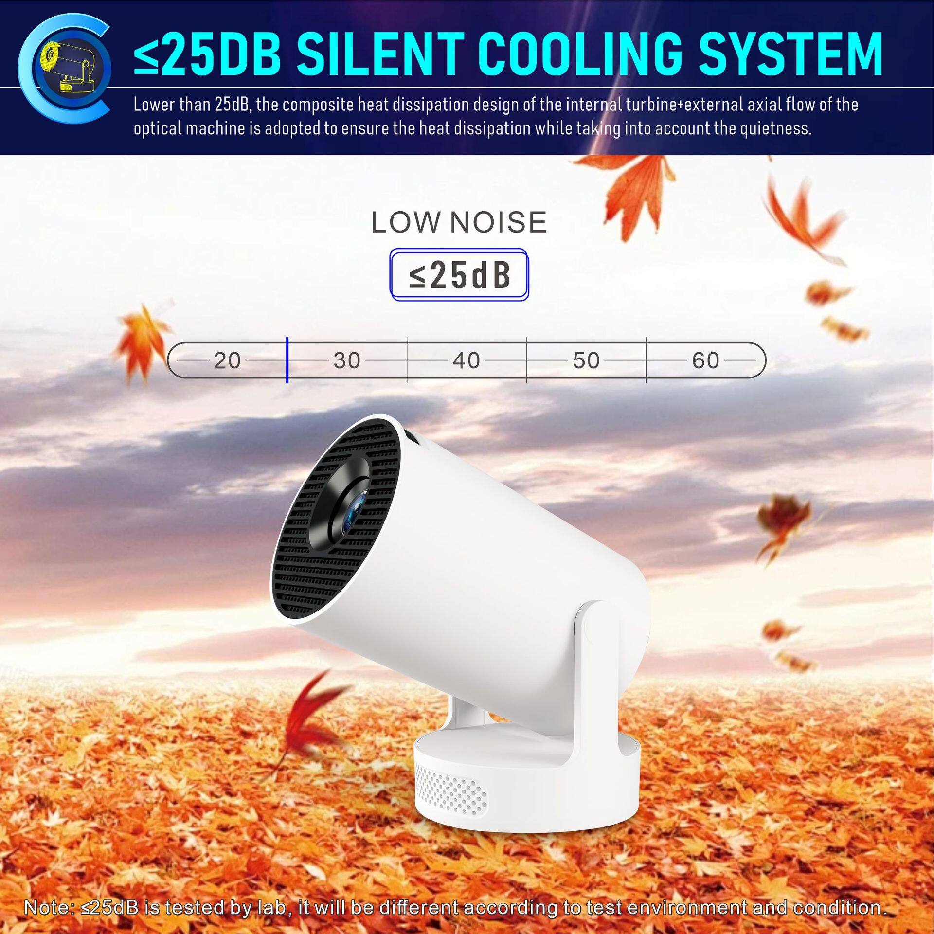 ≤25dB SILENT COOLING SYSTEM

Lower than 25dB, the composite heat dissipation design of the internal turbine+external axial flow of the optical machine is adopted to ensure the heat dissipation while taking into account the quietness.

LOW NOISE
≤25dB

Note: s25dB is tested by lab, it will be different according to test environment and condition.