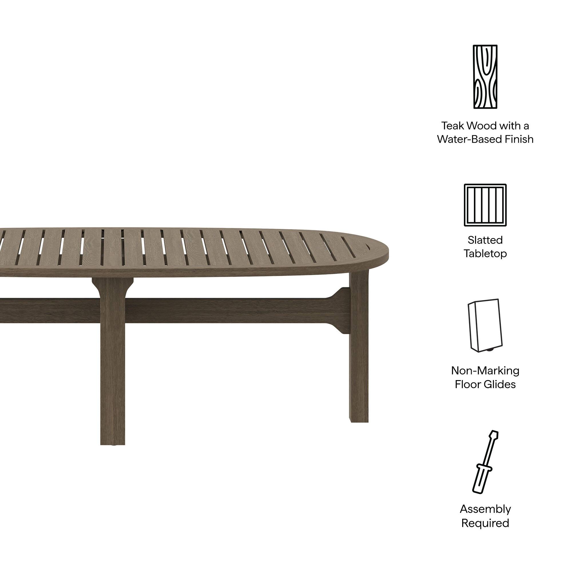 - Teak Wood with a Water-Based Finish
- Slatted Tabletop
- Non-Marking Floor Glides
- Assembly Required