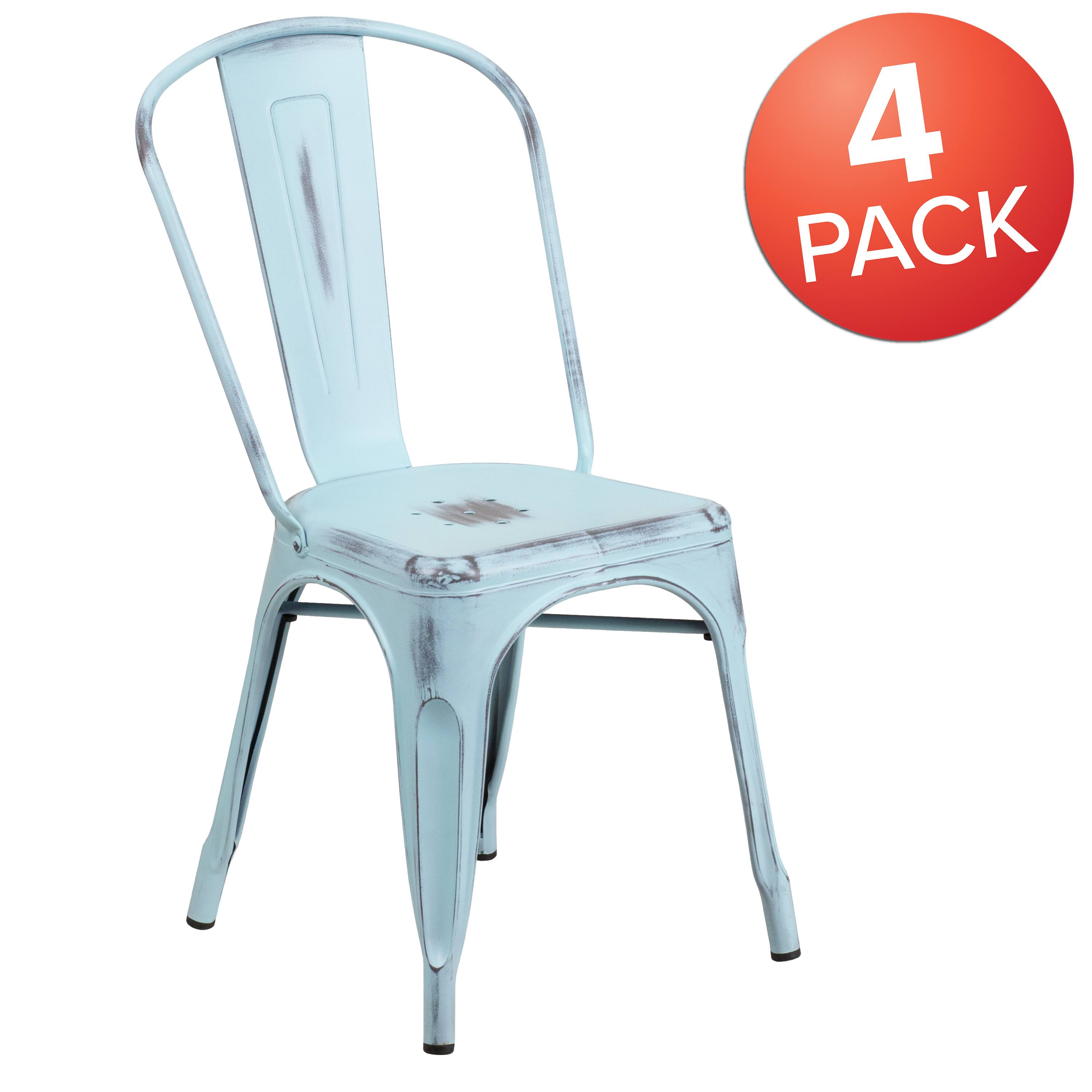Alt View 1. Emma + Oliver - Commercial Grade 4 Pack Distressed Metal Indoor-Outdoor Stackable Chair - Green-Blue.