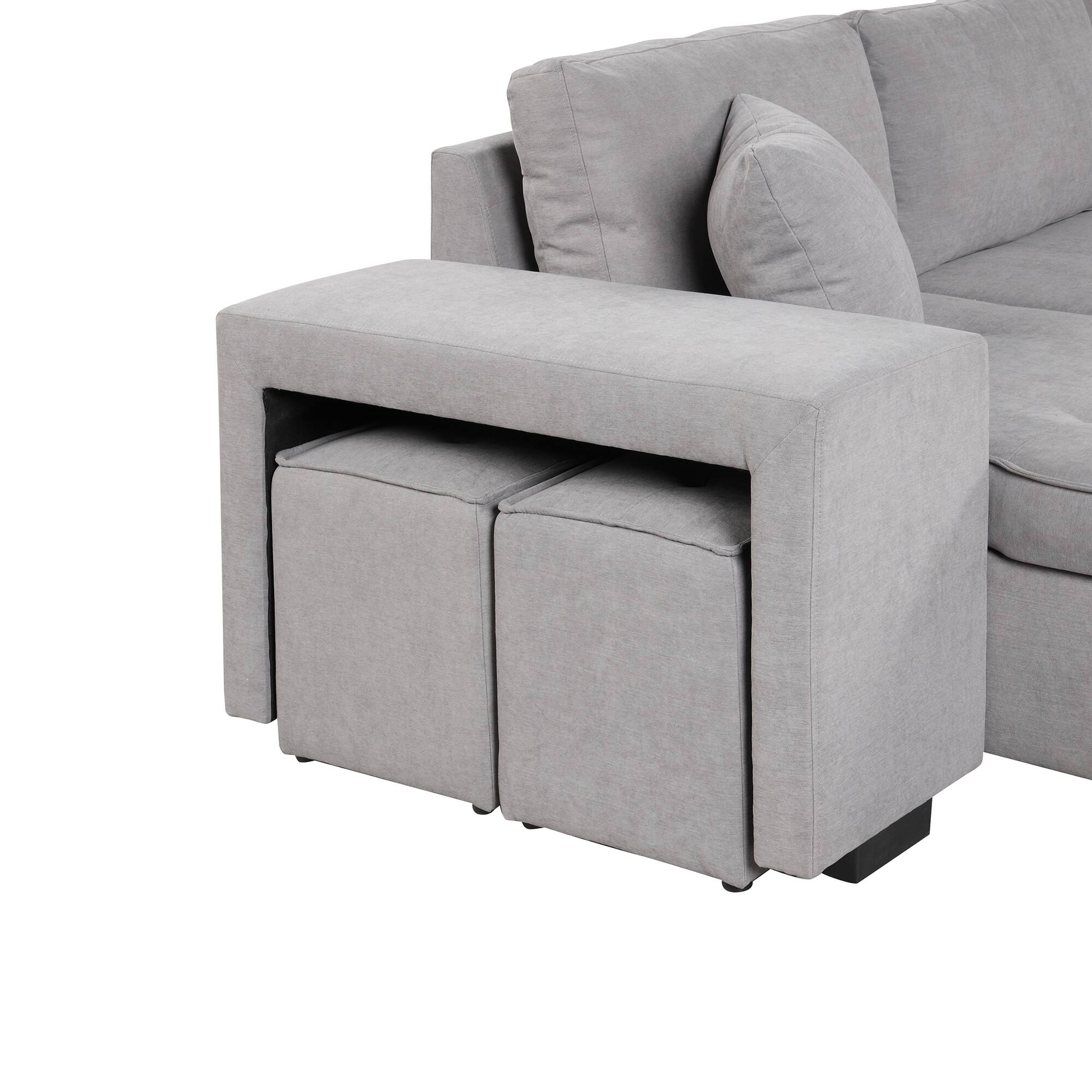 Alt View 2. LUCKY ONE - 104.5" L-Shape Reversible Pull-Out Sleeper Sectional Sofa with Storage Chaise & 2 Stools - Gray.