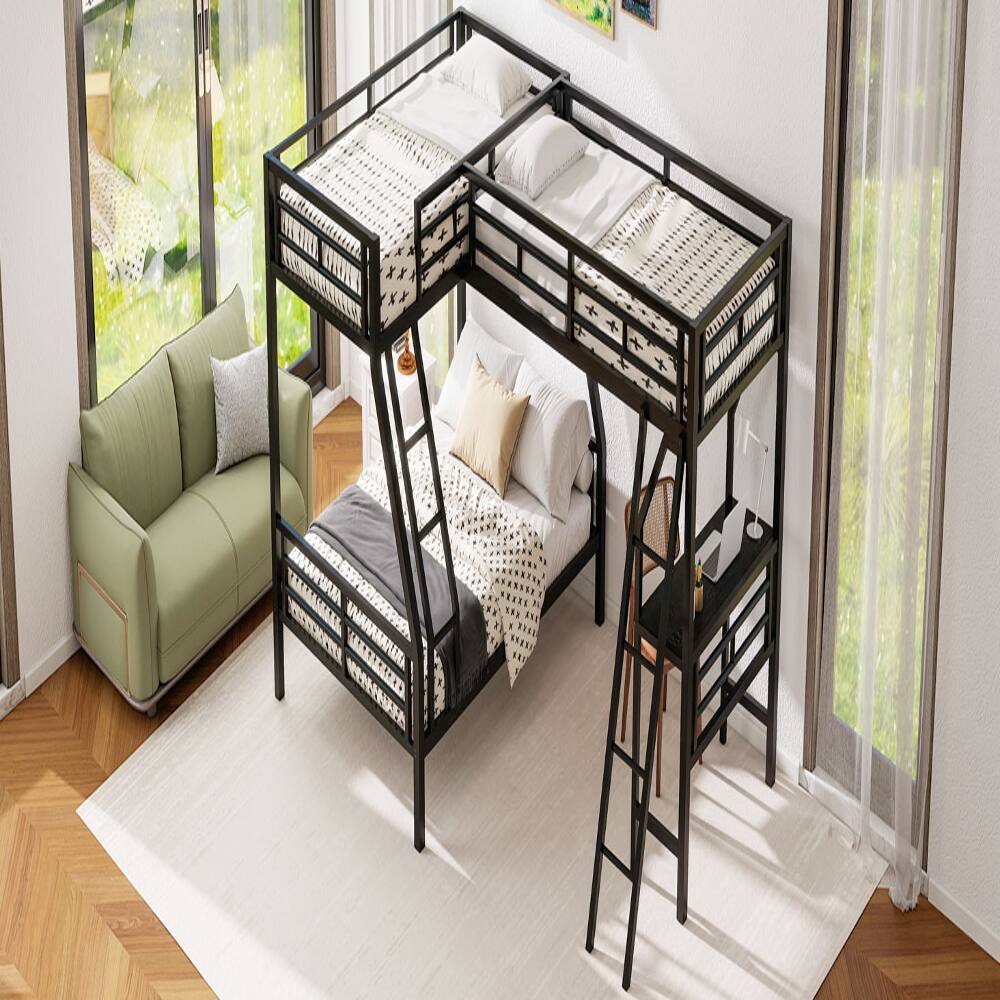 Alt View 4. Loheer - Loheer Twin Over Full Bunk Bed with Desk Black Metal L-Shaped Triple Loft Bed - Black.
