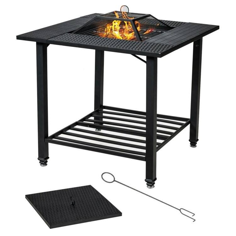 Angle. SlickBlue - 4-in-1 Fire Pit – Square Design with Grill, BBQ Grate, Ice Bucket, and Dining Table - Black.