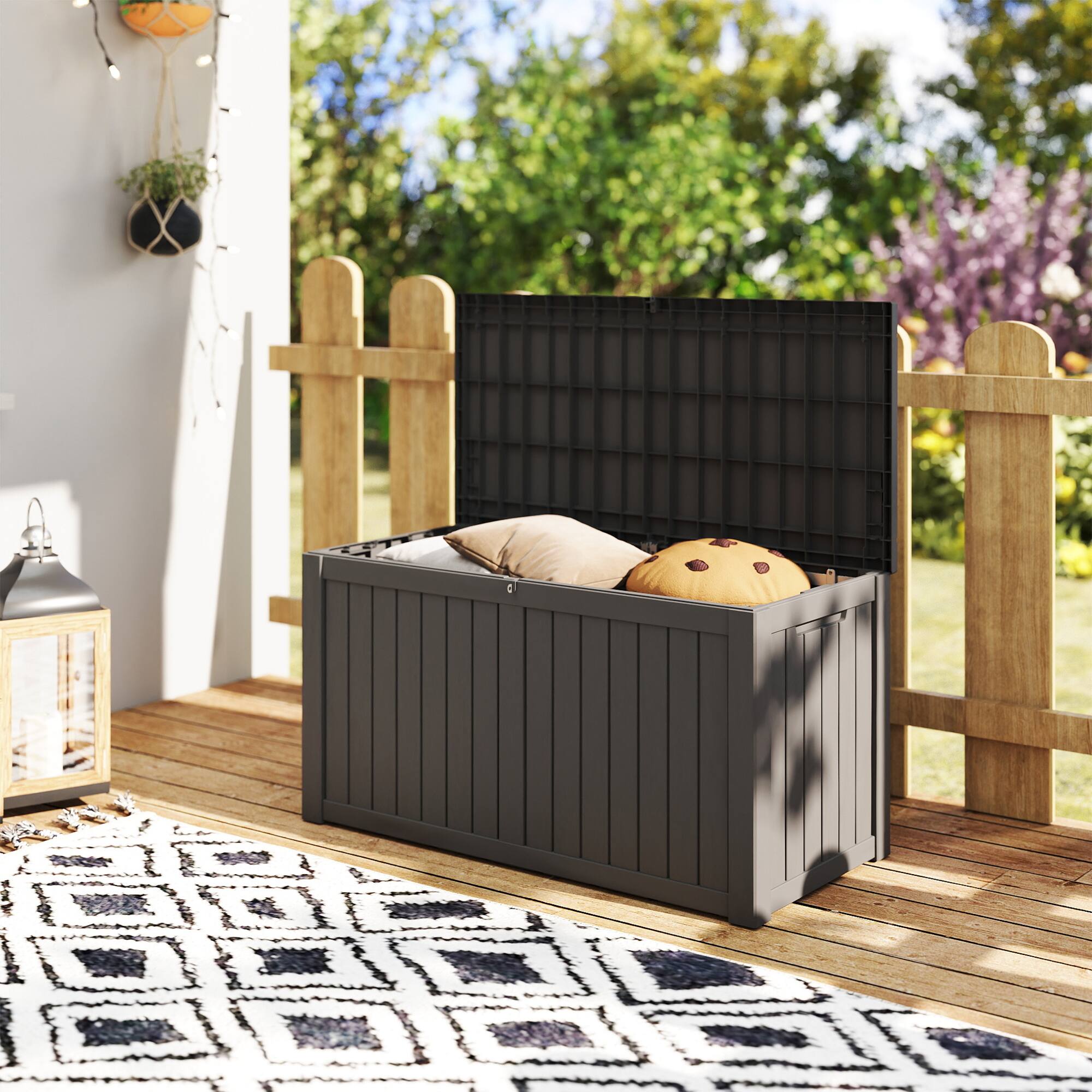 Back. Decksplore - 190 Gallon Resin Deck Box, Lockable Patio Outdoor Storage Box for Furniture， Waterproof Outside Storage Boxes.