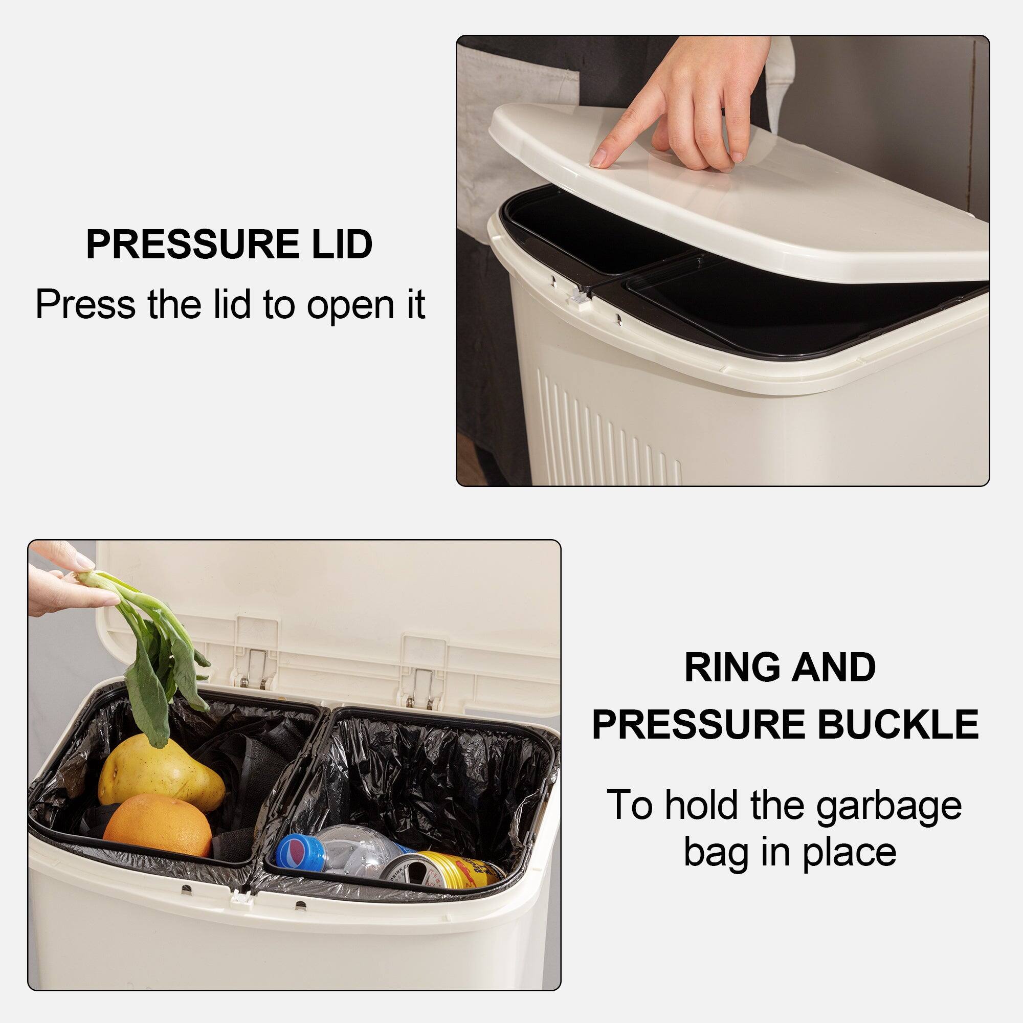 **PRESSURE LID**  
Press the lid to open it

**RING AND PRESSURE BUCKLE**  
To hold the garbage bag in place
