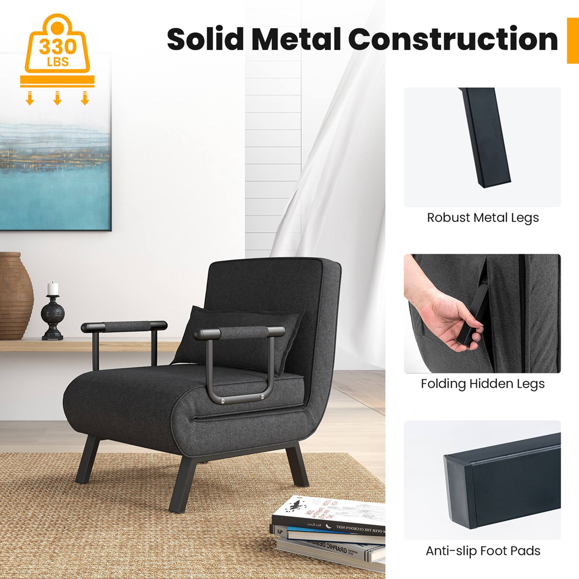 Solid Metal Construction

330 LBS

- Robust Metal Legs
- Folding Hidden Legs
- Anti-slip Foot Pads