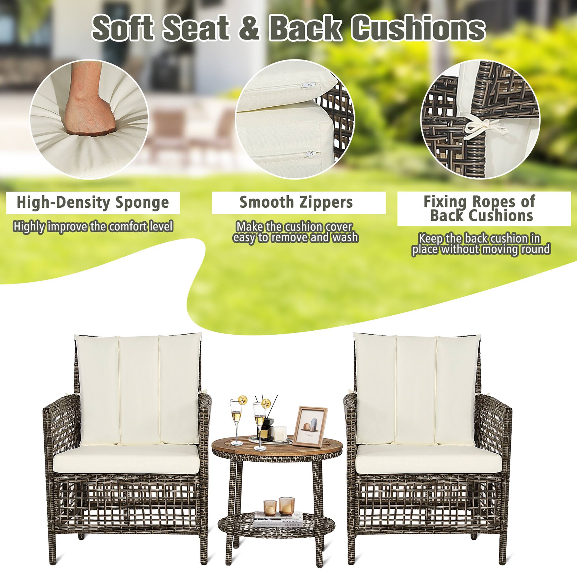 Soft Seat & Back Cushions

- High-Density Sponge
  - Highly improve the comfort level

- Smooth Zippers
  - Make the cushion cover easy to remove and wash

- Fixing Ropes of Back Cushions
  - Keep the back cushion in place without moving round