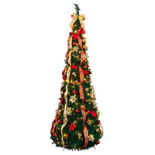 Front. Winado - 7 FT Christmas Tree Artificial Pop Up with Warm Lights, Ornaments for In/Outdoor Holiday Decoration - Green & Red.