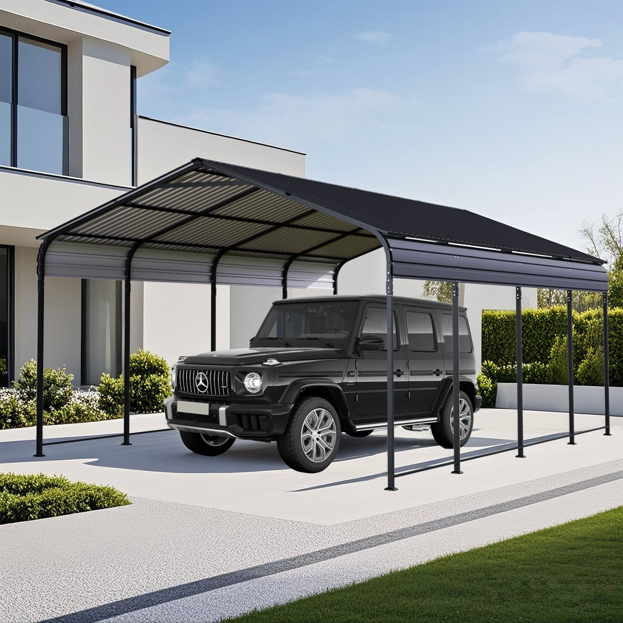 Left. Mondawe - 12x20 FT Heavy Duty Metal Carport With Galvanized Steel Roof and Enhanced Base - Gray.