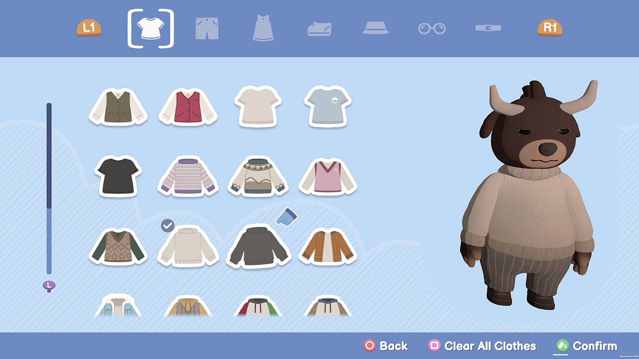The text on the image is grouped as follows:

1. "L1 R1 L Back Clear All Clothes Confirm"

This text is likely related to a game or an app that allows users to select and customize their avatar's clothing. The text suggests that the user can choose from various clothing options, clear their current selection, and confirm their chosen outfit.