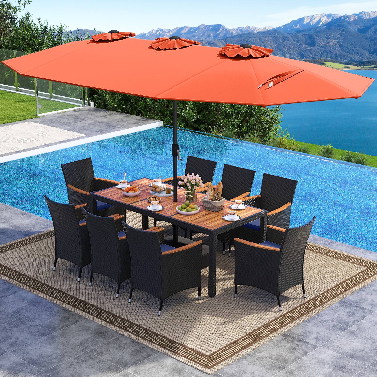 Alt View 3. Costway - Costway 11 PCS Patio Wicker Dining Set with Double-Sided Outdoor Umbrella 8 Stackable Chairs - Orange+Navy.