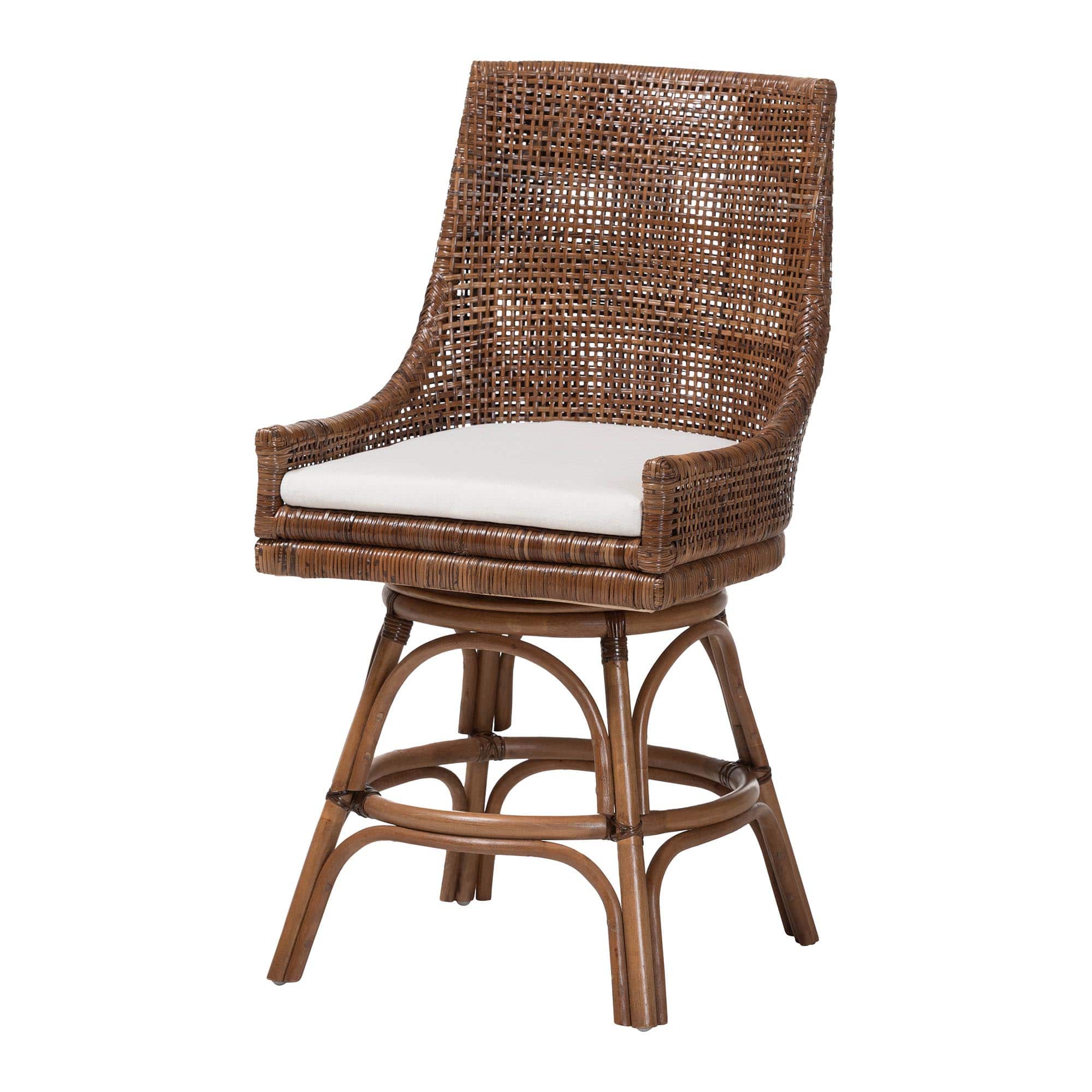 bali & pari - Bella Swivel Rattan Counter Stool with Cushion - Handwoven Wicker Kitchen Island Seating with Backrest and Footrest - Coffee Bean