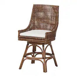 bali & pari - Bella Swivel Rattan Counter Stool with Cushion - Handwoven Wicker Kitchen Island Seating with Backrest and Footrest - Coffee Bean