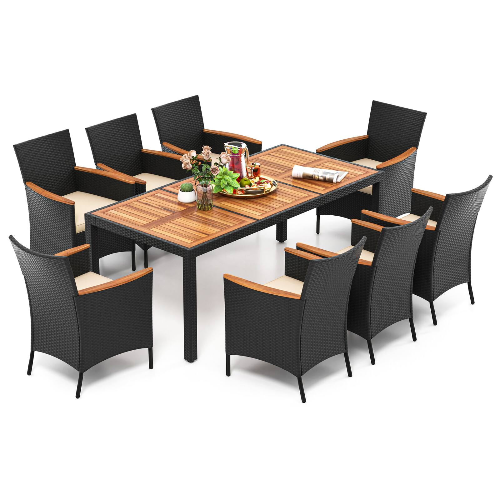 Costway - 9 PCS Outdoor Dining Set with Acacia Wood Tabletop, Umbrella Hole, Seat Cushions - Black & Natural