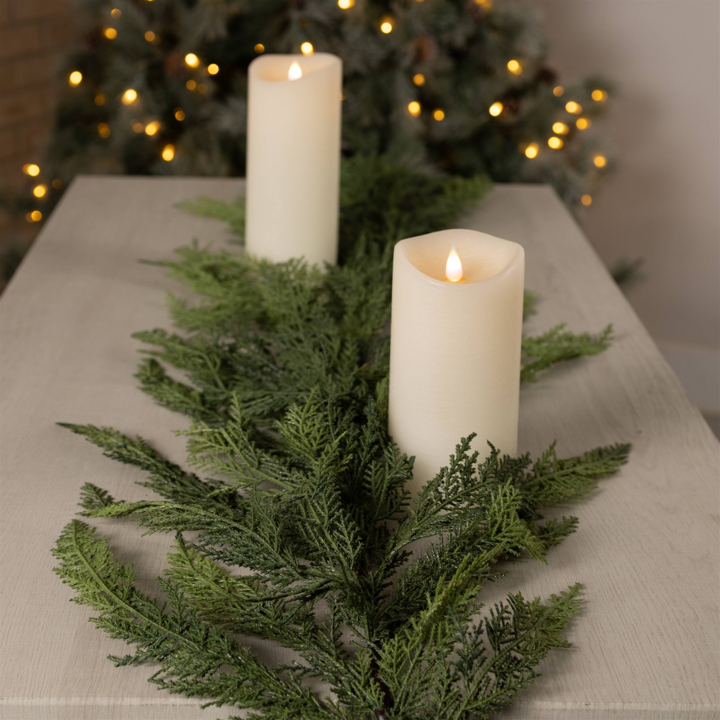 Angle. BreeBe - Winter Cedar Foliage Garland (Set of 2) - Green, Brown.