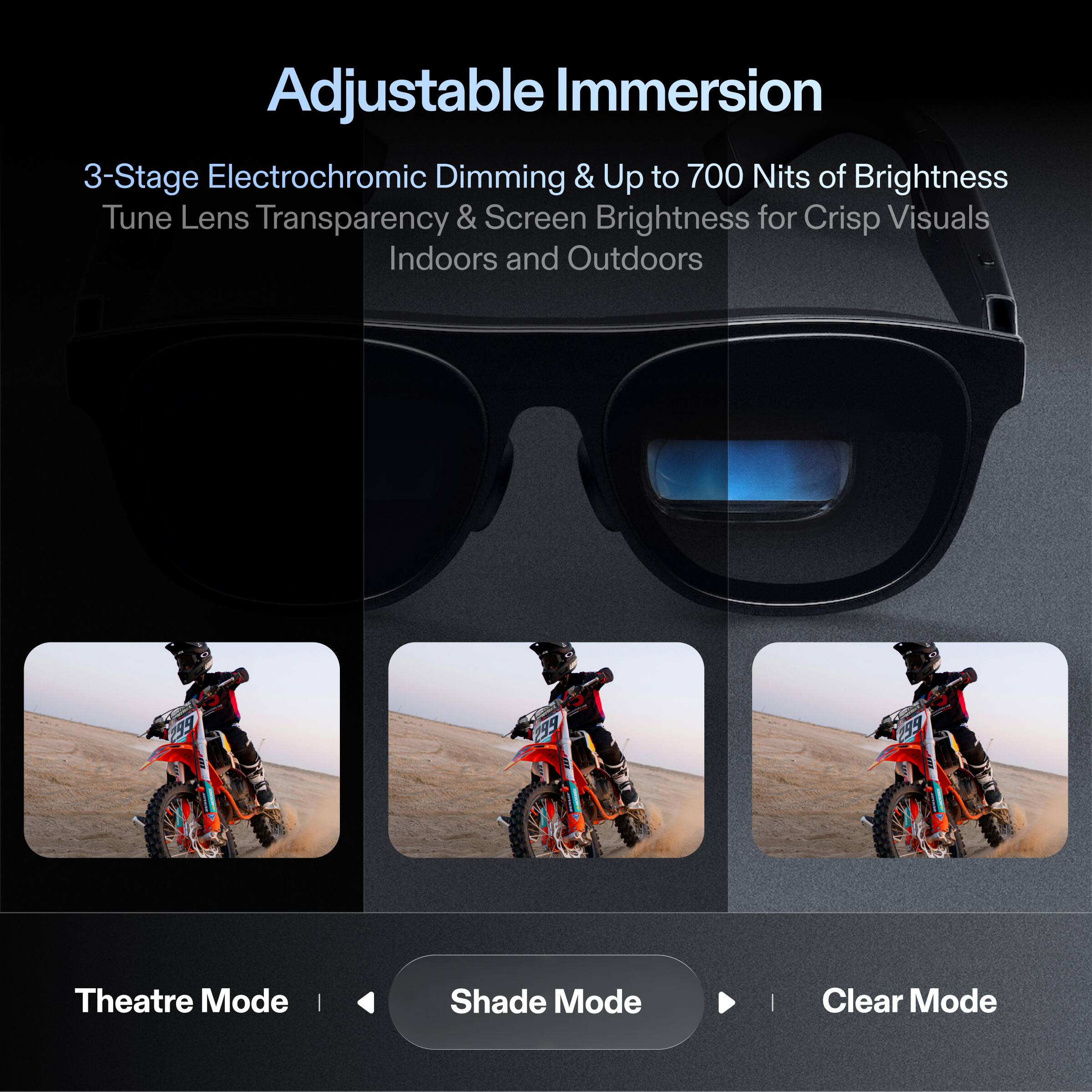 Adjustable Immersion
3-Stage Electrochromic Dimming & Up to 700 Nits of Brightness
Tune Lens Transparency & Screen Brightness for Crisp Visuals Indoors and Outdoors
Theatre Mode | Shade Mode | Clear Mode