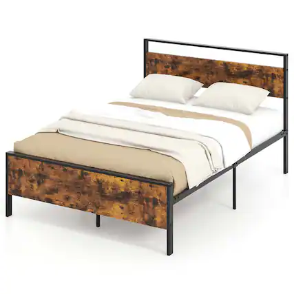 Front. Costway - Full Size Bed Frame with Wooden Headboard and Footboard Under-Bed Storage - Brown.